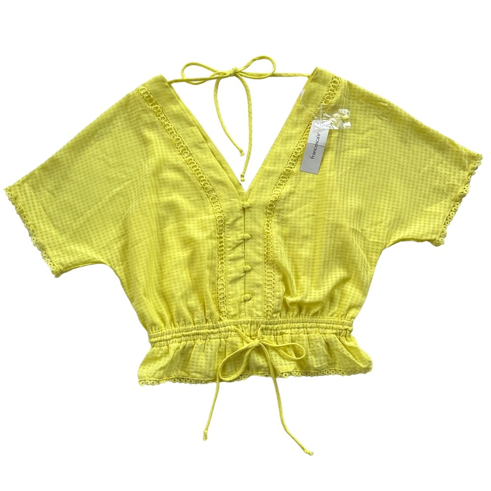 Miami Womens Small Lemon Yellow Button Tie Crop Vneck Ruffle Short Sleeve Blouse